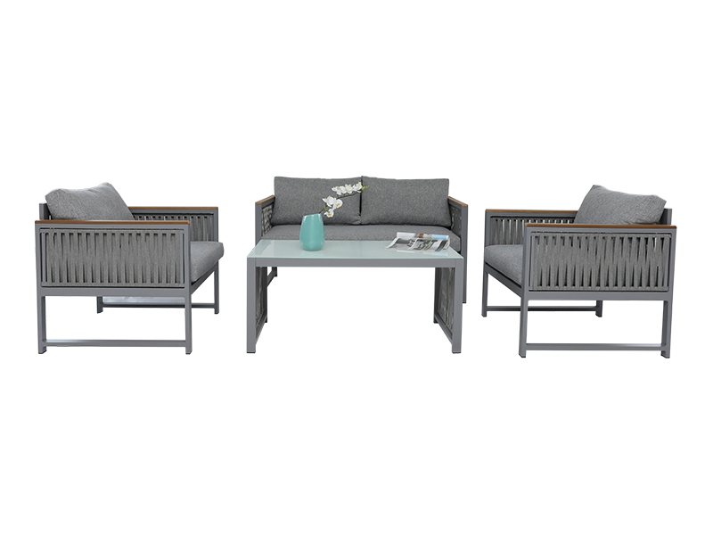 KD Design Garden Buitenmeubilair geweven touwriemband Set met zitkussen, synthetisch hout op de armleuning YQC-2786
